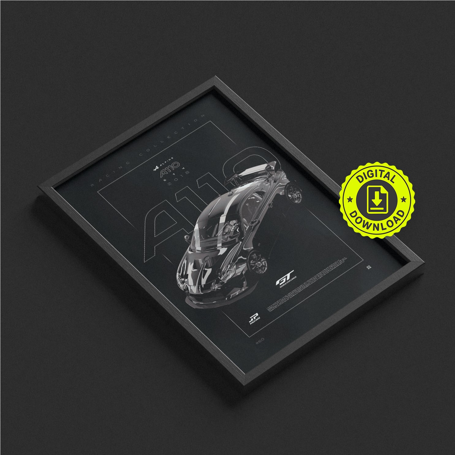 Alpine A110 GT4 2018 framed poster print in a styled interior