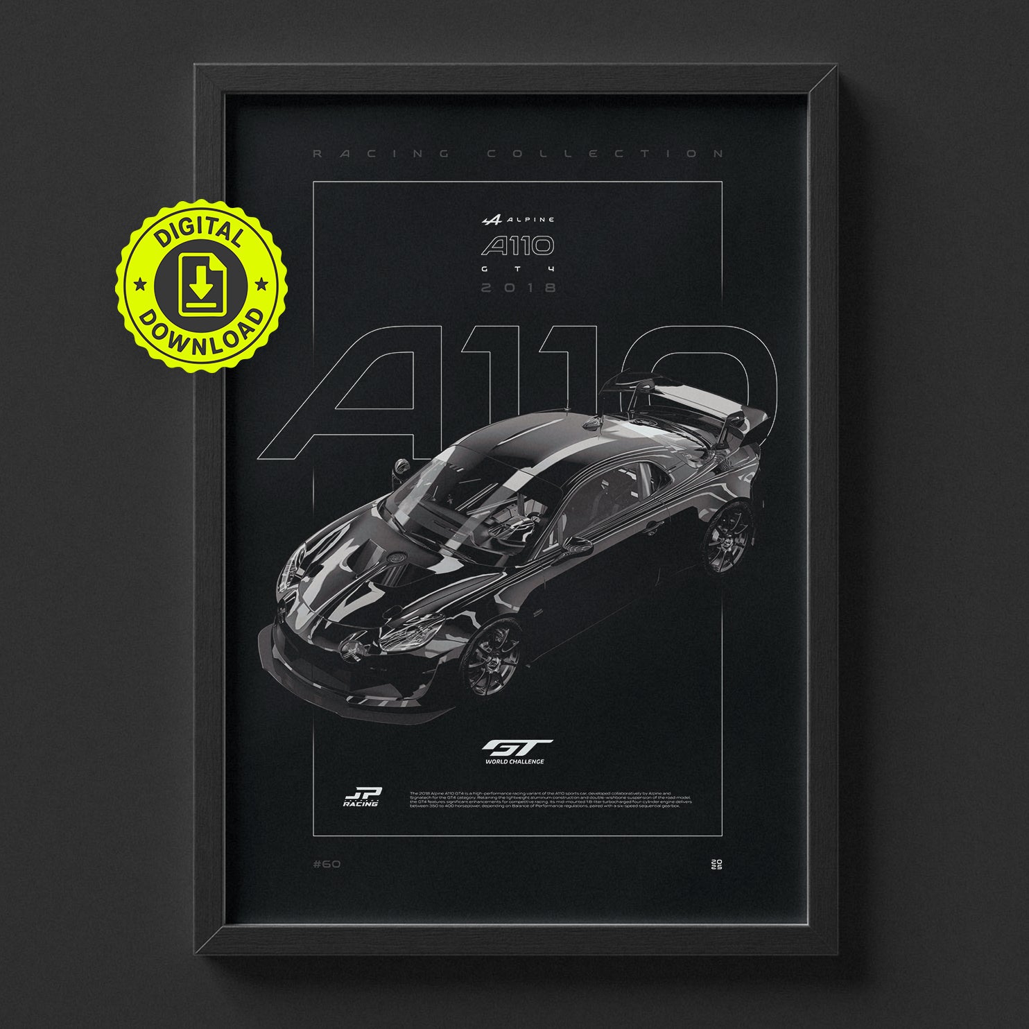 Alpine A110 GT4 2018 poster framed on a wall, digital download
