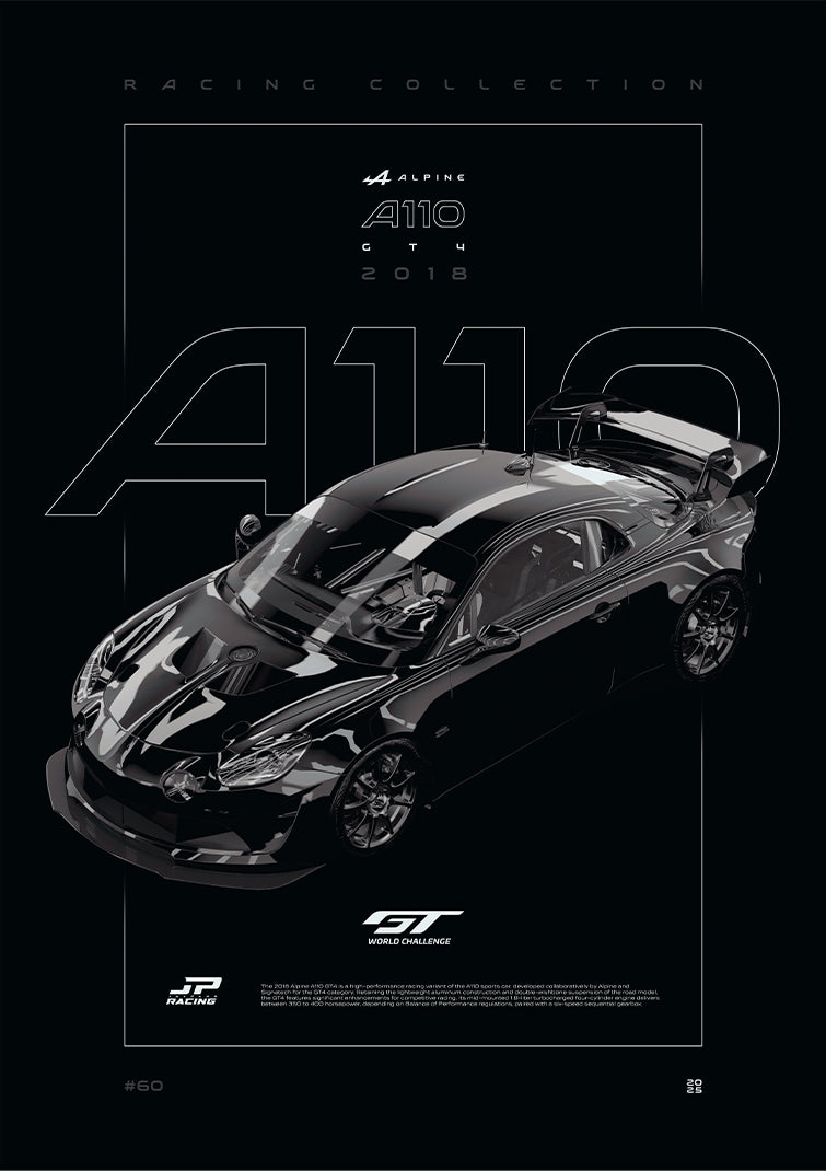 Alpine A110 GT4 2018 digital poster, minimalist black racing wall art by Jaypads Racing