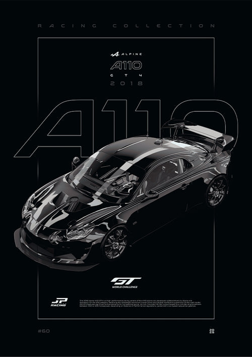 Alpine A110 GT4 2018 digital poster, minimalist black racing wall art by Jaypads Racing