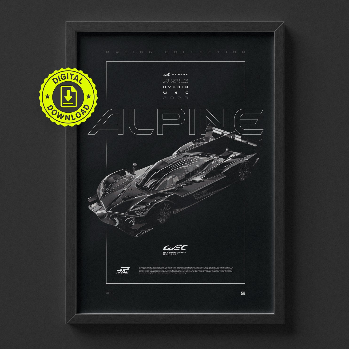 Alpine A424 2023 poster framed on a wall, digital download