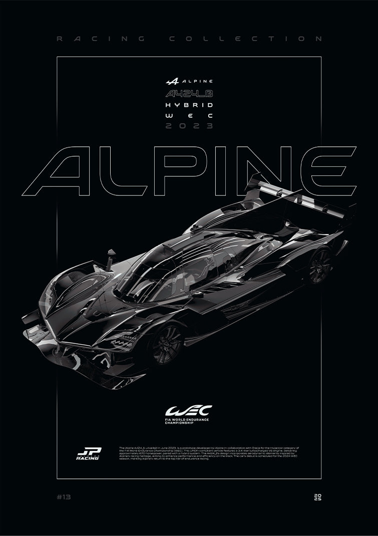 Alpine A424 2023 digital poster, minimalist black racing wall art by Jaypads Racing