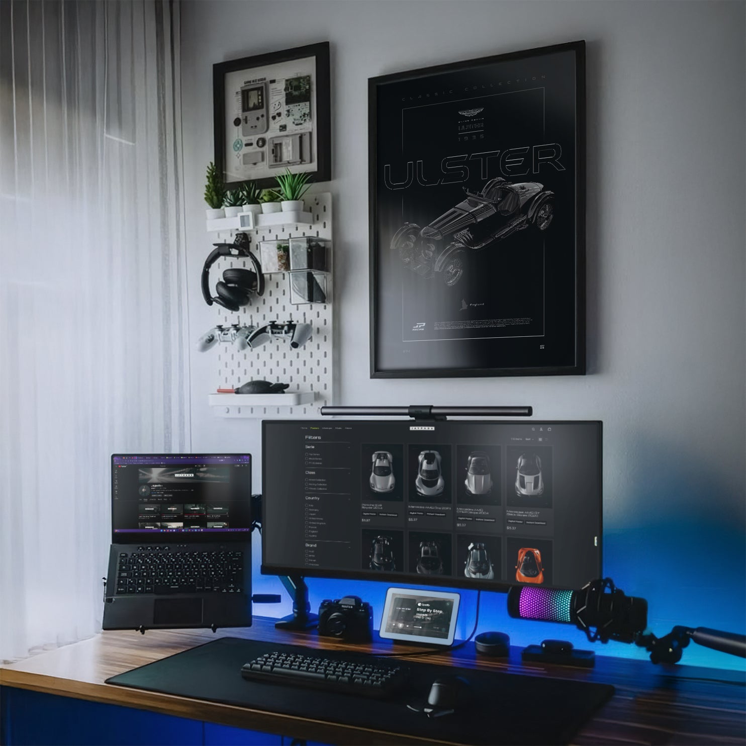 Aston Martin Ulster 1935 framed poster on a modern desk setup