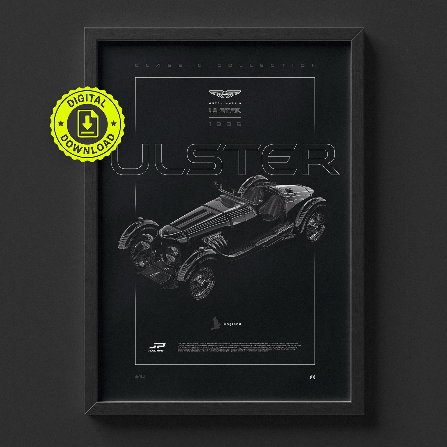 Aston Martin Ulster 1935 poster framed on a wall, digital download