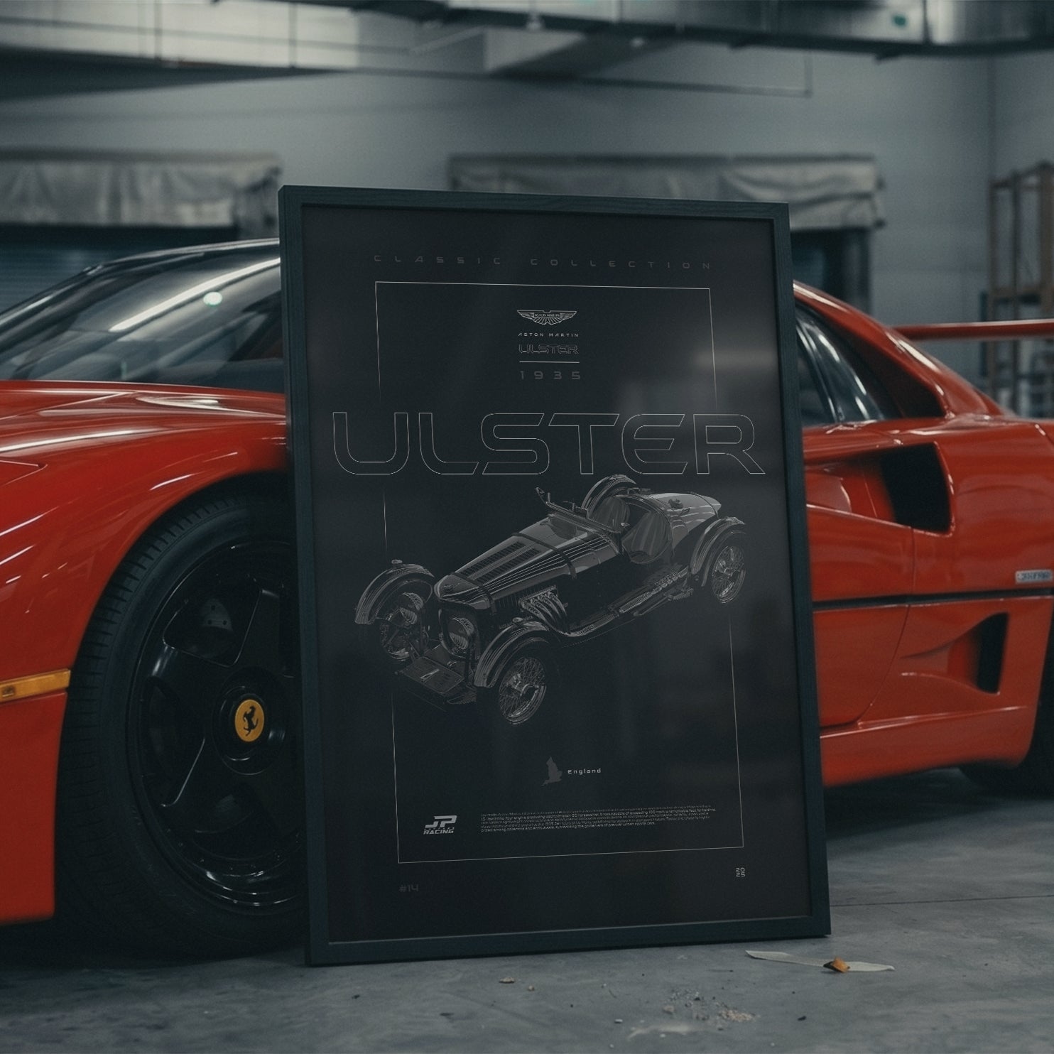Aston Martin Ulster 1935 framed poster in an industrial warehouse space