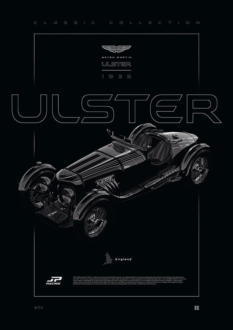 Aston Martin Ulster 1935 digital poster, minimalist black racing wall art by Jaypads Racing