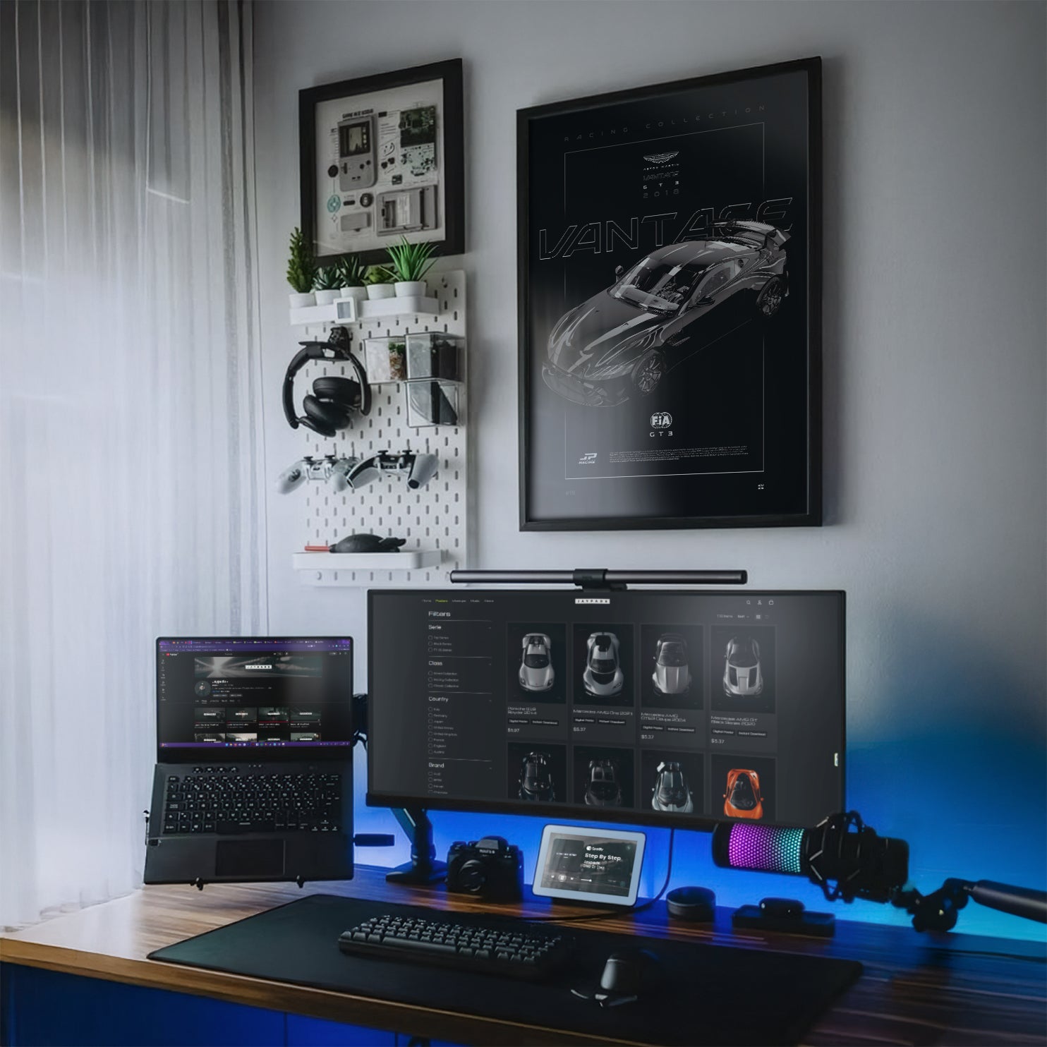Aston Martin Vantage GT3 2018 framed poster on a modern desk setup