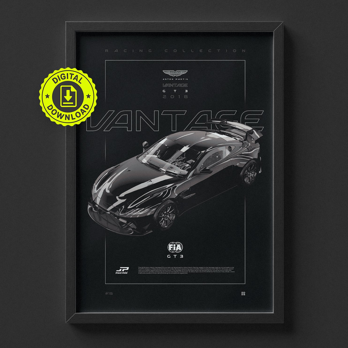 Aston Martin Vantage GT3 2018 poster framed on a wall, digital download