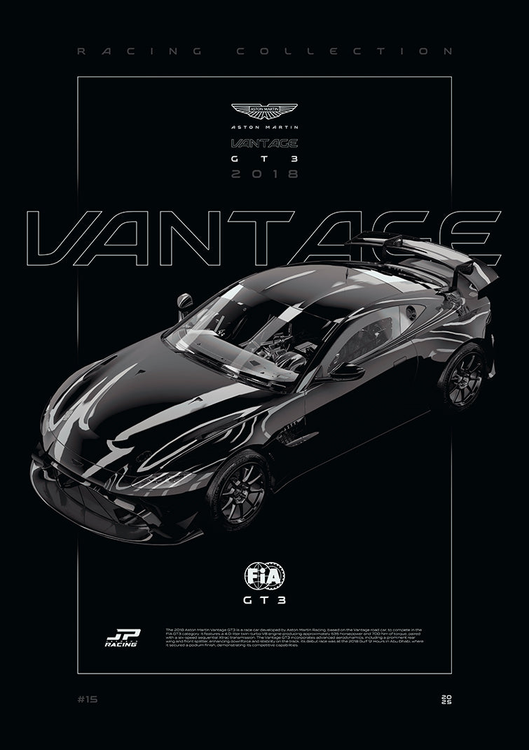Aston Martin Vantage GT3 2018 digital poster, minimalist black racing wall art by Jaypads Racing