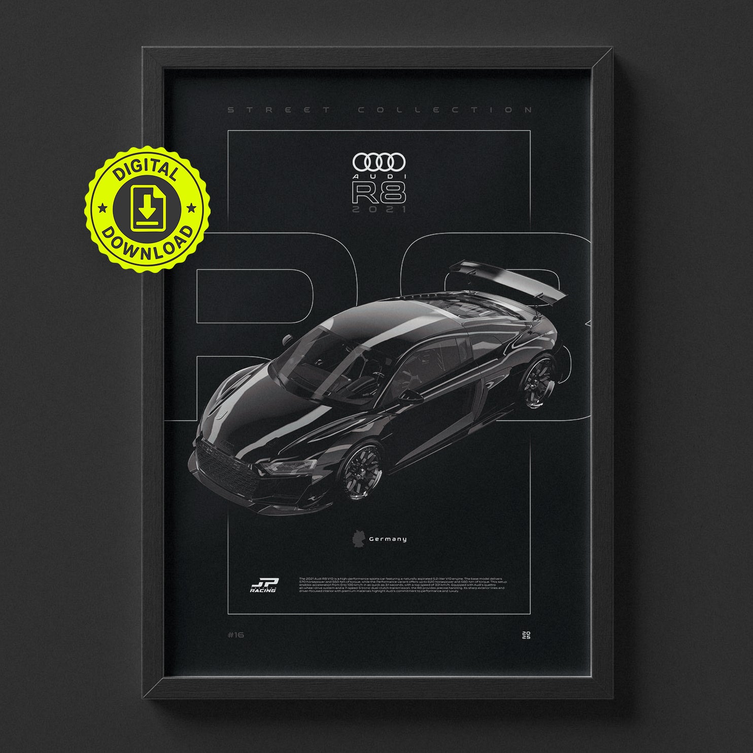 Audi R8 2021 poster framed on a wall, digital download