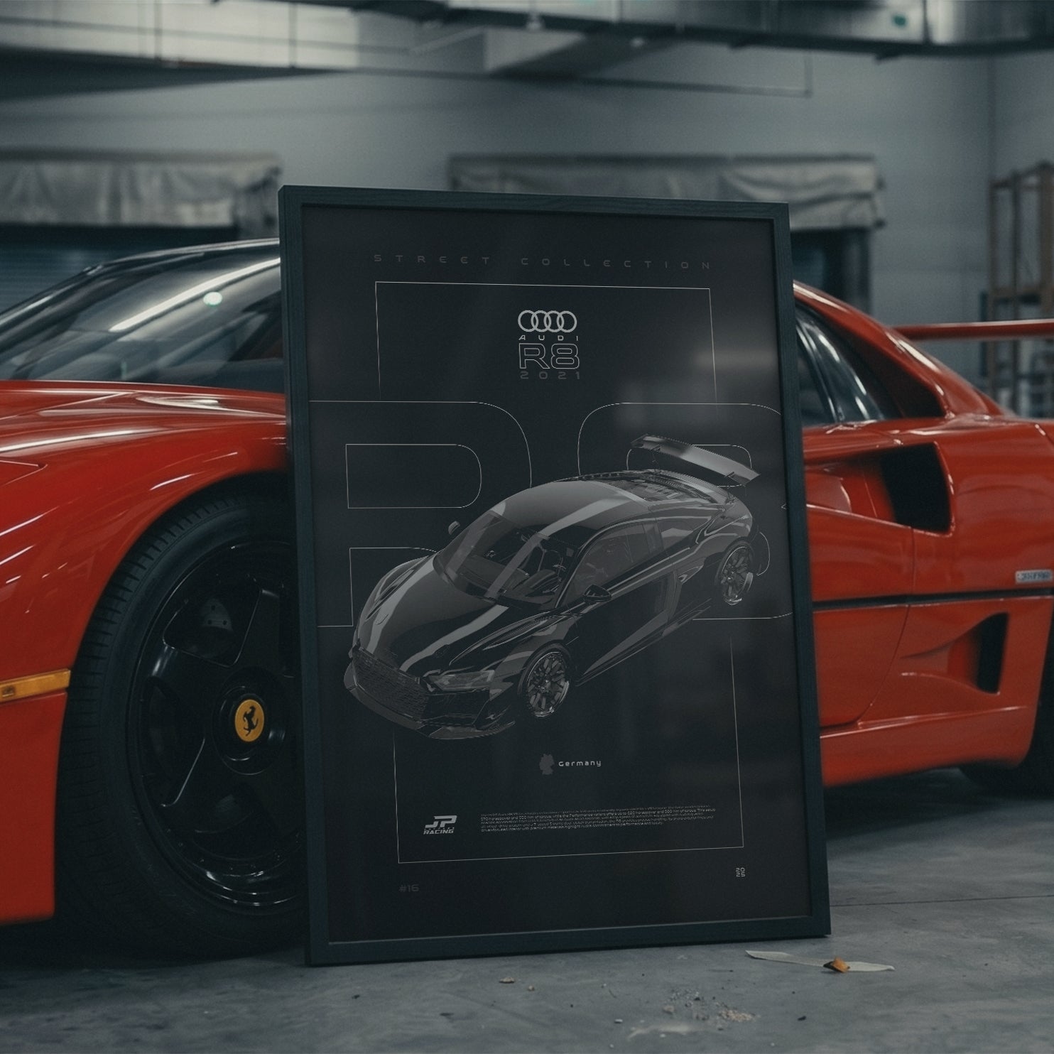 Audi R8 2021 framed poster in an industrial warehouse space