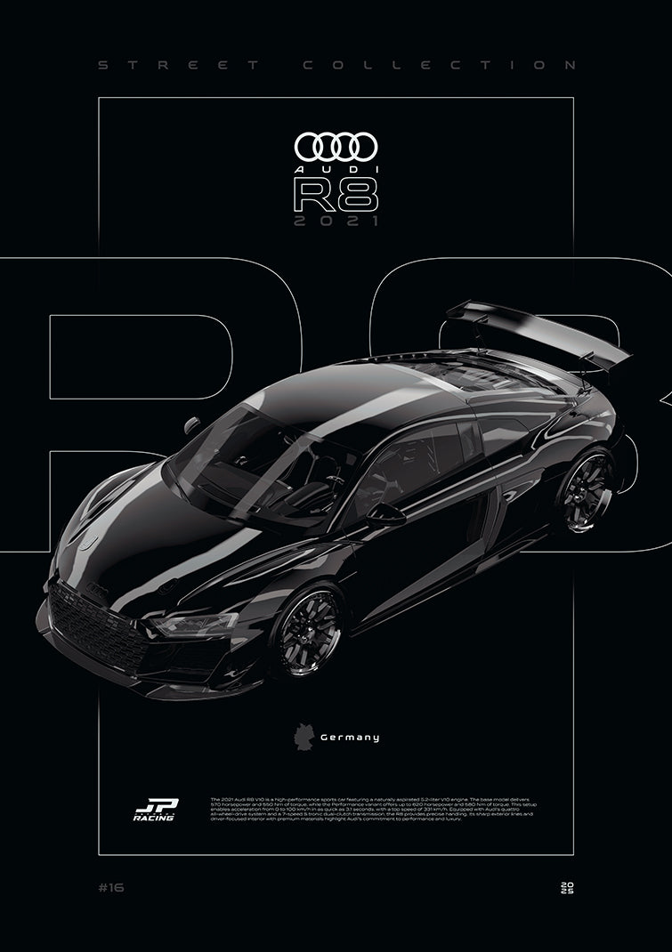 Audi R8 2021 digital poster, minimalist black racing wall art by Jaypads Racing