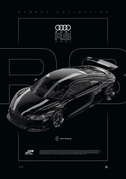 Audi R8 2021 digital poster, minimalist black racing wall art by Jaypads Racing