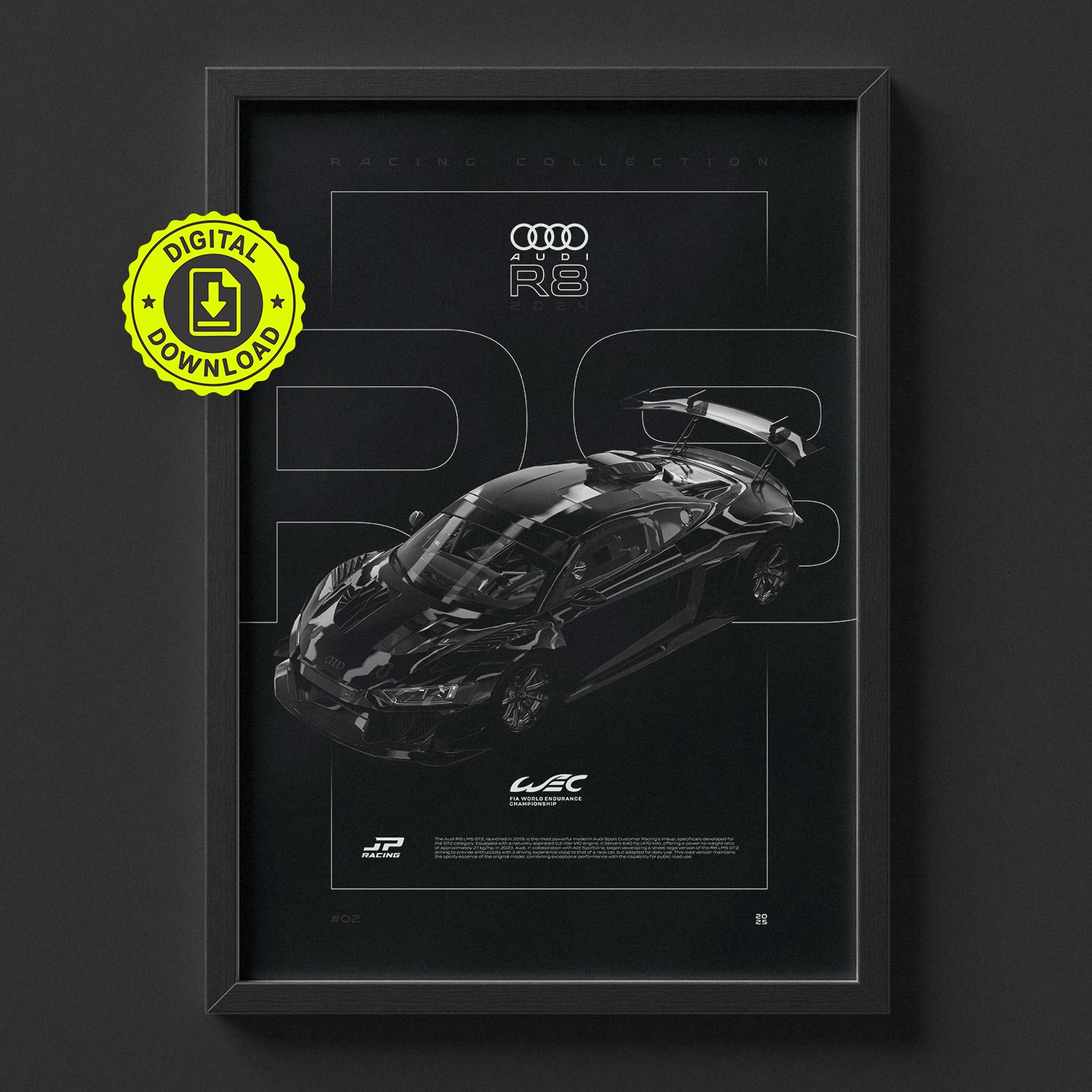 Audi R8 LMS GT2 2024 poster framed on a wall, digital download