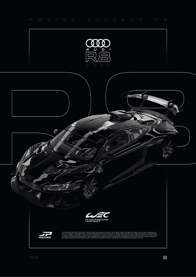 Audi R8 LMS GT2 2024 digital poster, minimalist black racing wall art by Jaypads Racing