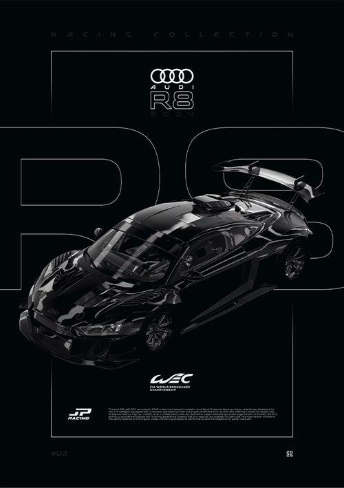 Audi R8 LMS GT2 2024 digital poster, minimalist black racing wall art by Jaypads Racing