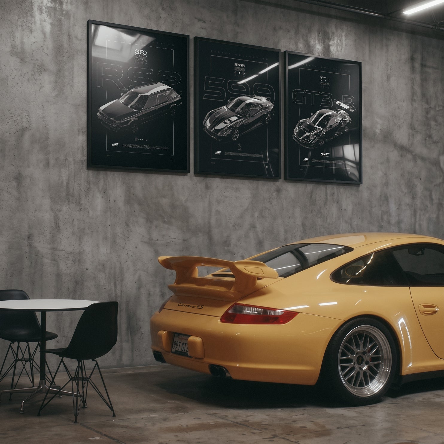 Audi RS2 Avant 1994 framed poster displayed in a garage