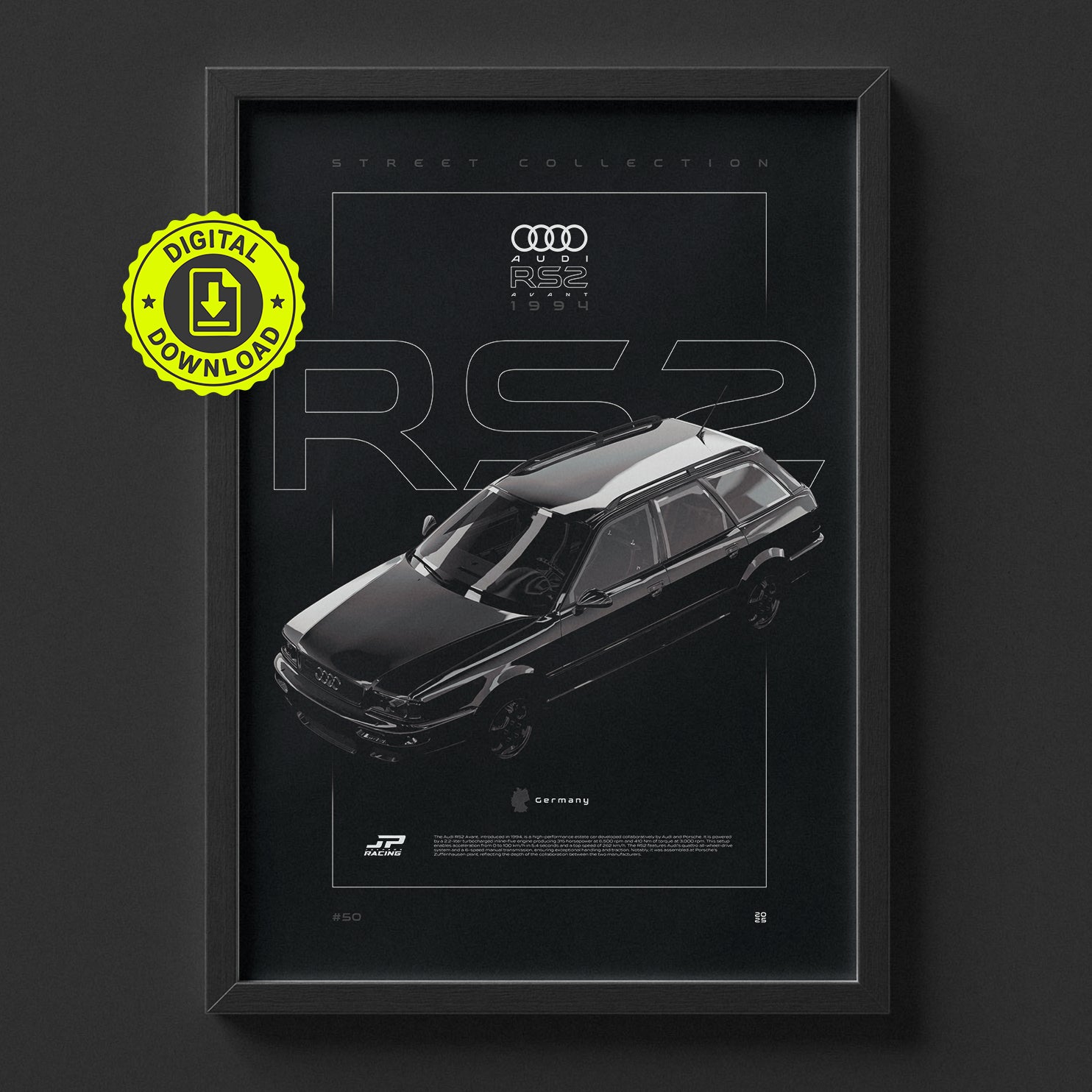 Audi RS2 Avant 1994 poster framed on a wall, digital download