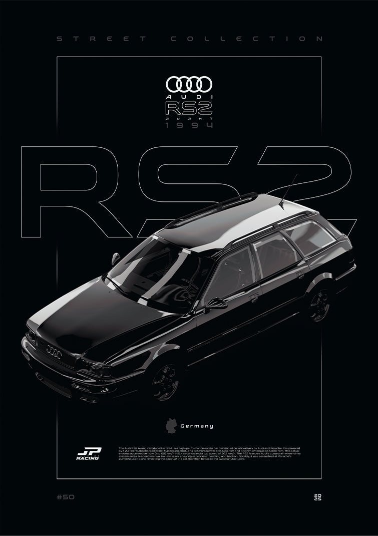 Audi RS2 Avant 1994 digital poster, minimalist black racing wall art by Jaypads Racing