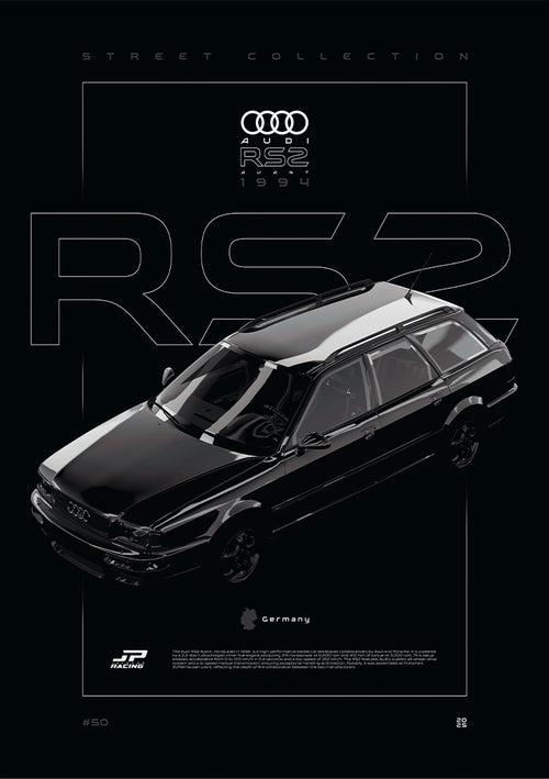Audi RS2 Avant 1994 digital poster, minimalist black racing wall art by Jaypads Racing