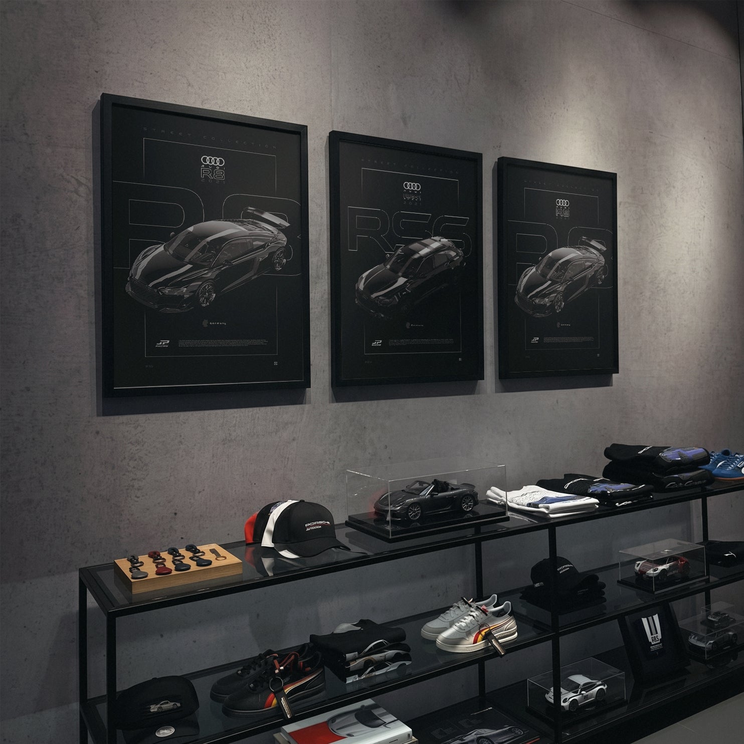 Audi RS6-R Avant 2021 framed poster in a garage interior