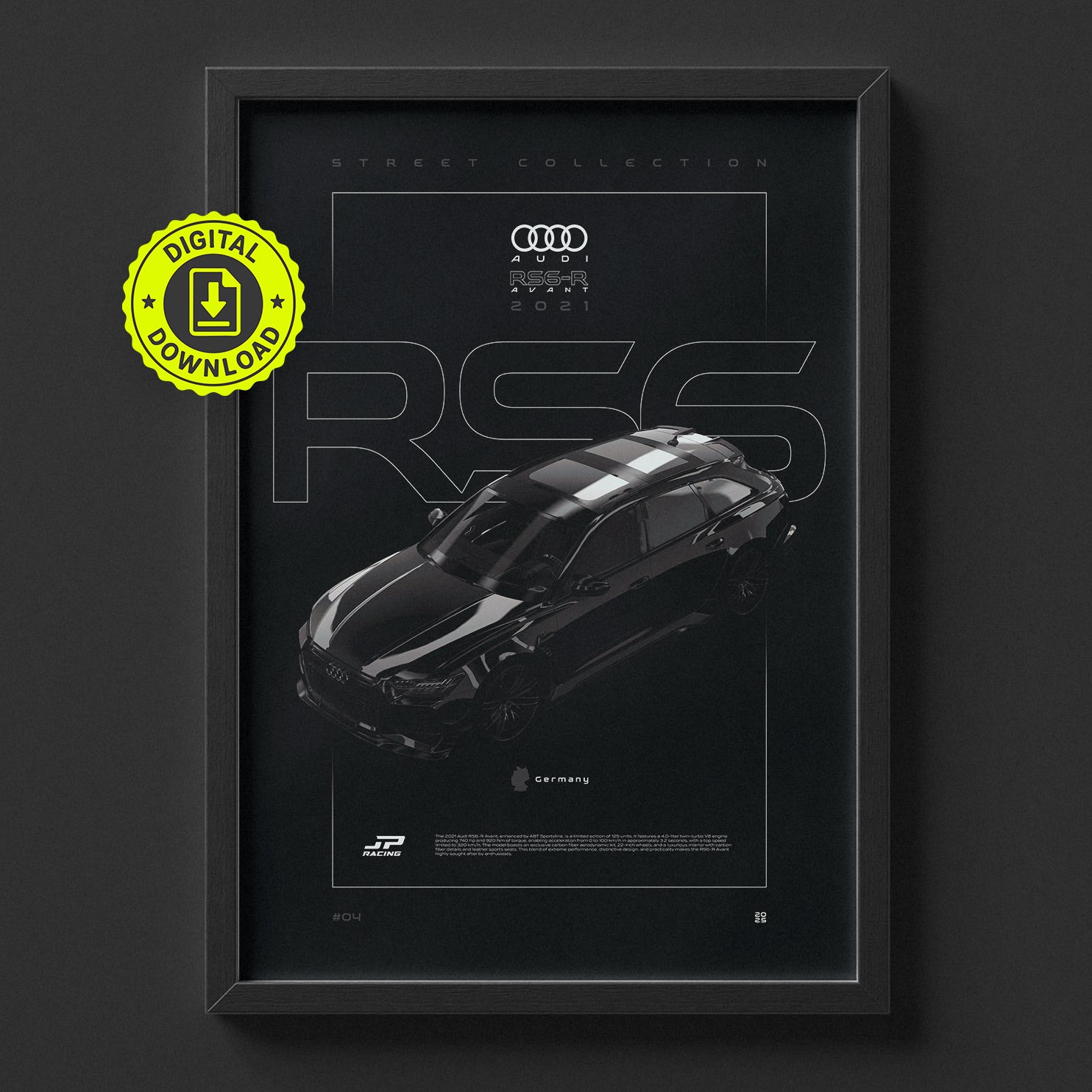 Audi RS6-R Avant 2021 poster framed on a wall, digital download