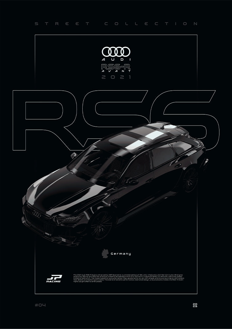 Audi RS6-R Avant 2021 digital poster, minimalist black racing wall art by Jaypads Racing