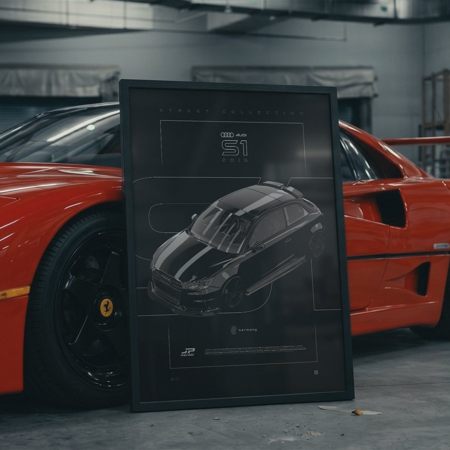 Audi S1 2015 framed poster in an industrial warehouse space