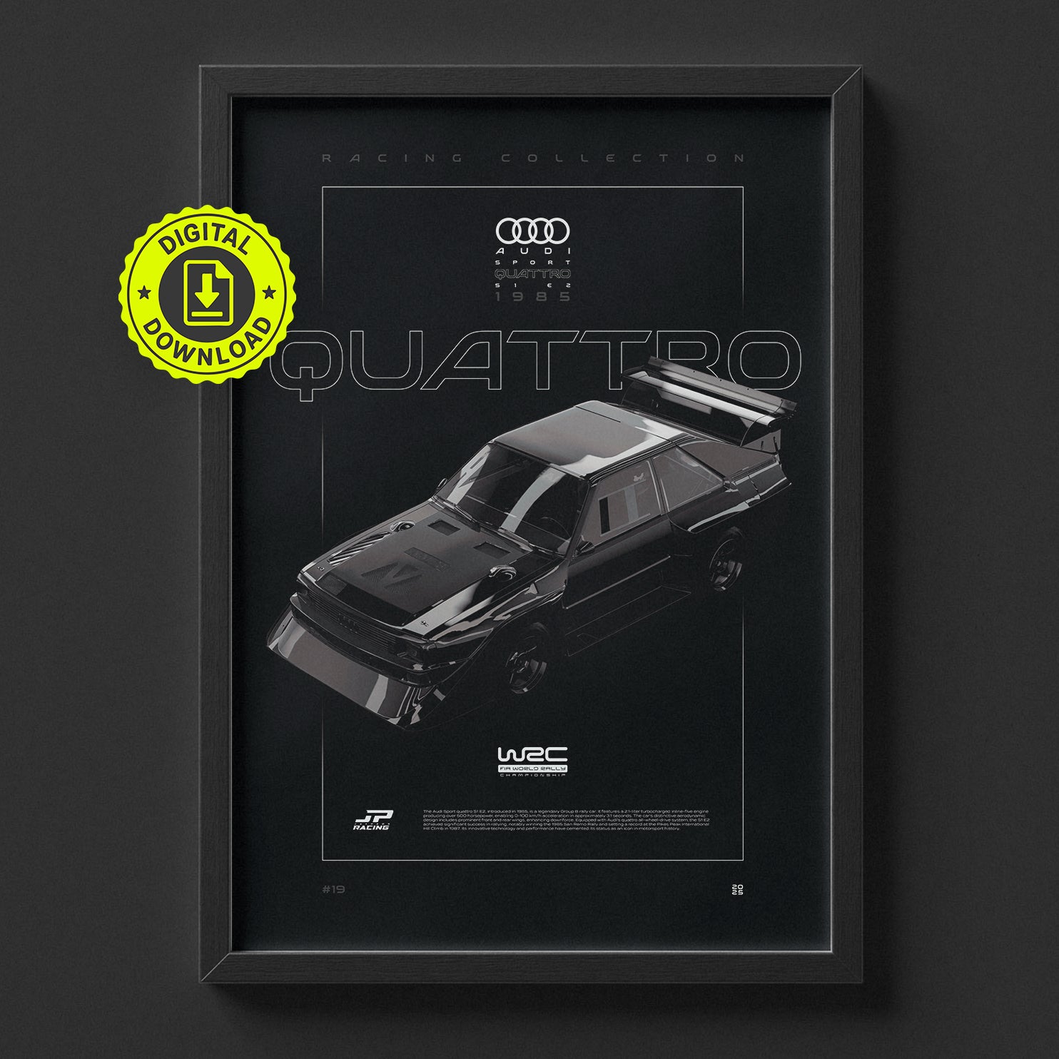Audi Sport quattro S1 E2 1985 poster framed on a wall, digital download