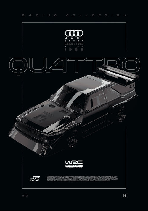 Audi Sport quattro S1 E2 1985 digital poster, minimalist black racing wall art by Jaypads Racing