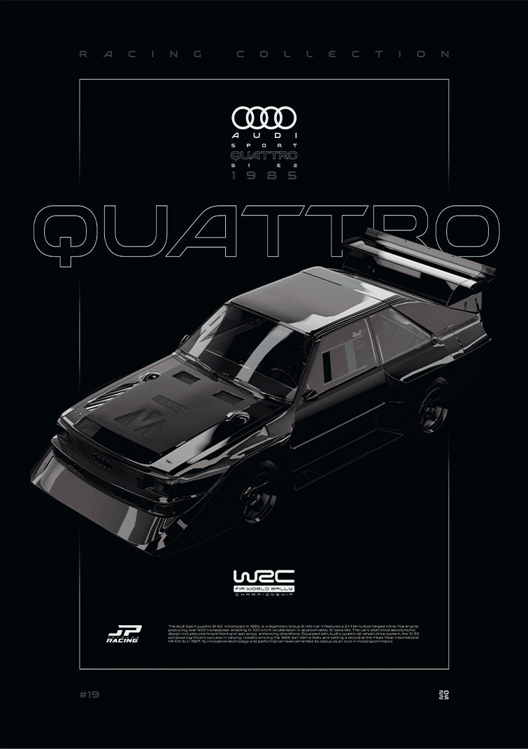 Audi Sport quattro S1 E2 1985 digital poster, minimalist black racing wall art by Jaypads Racing