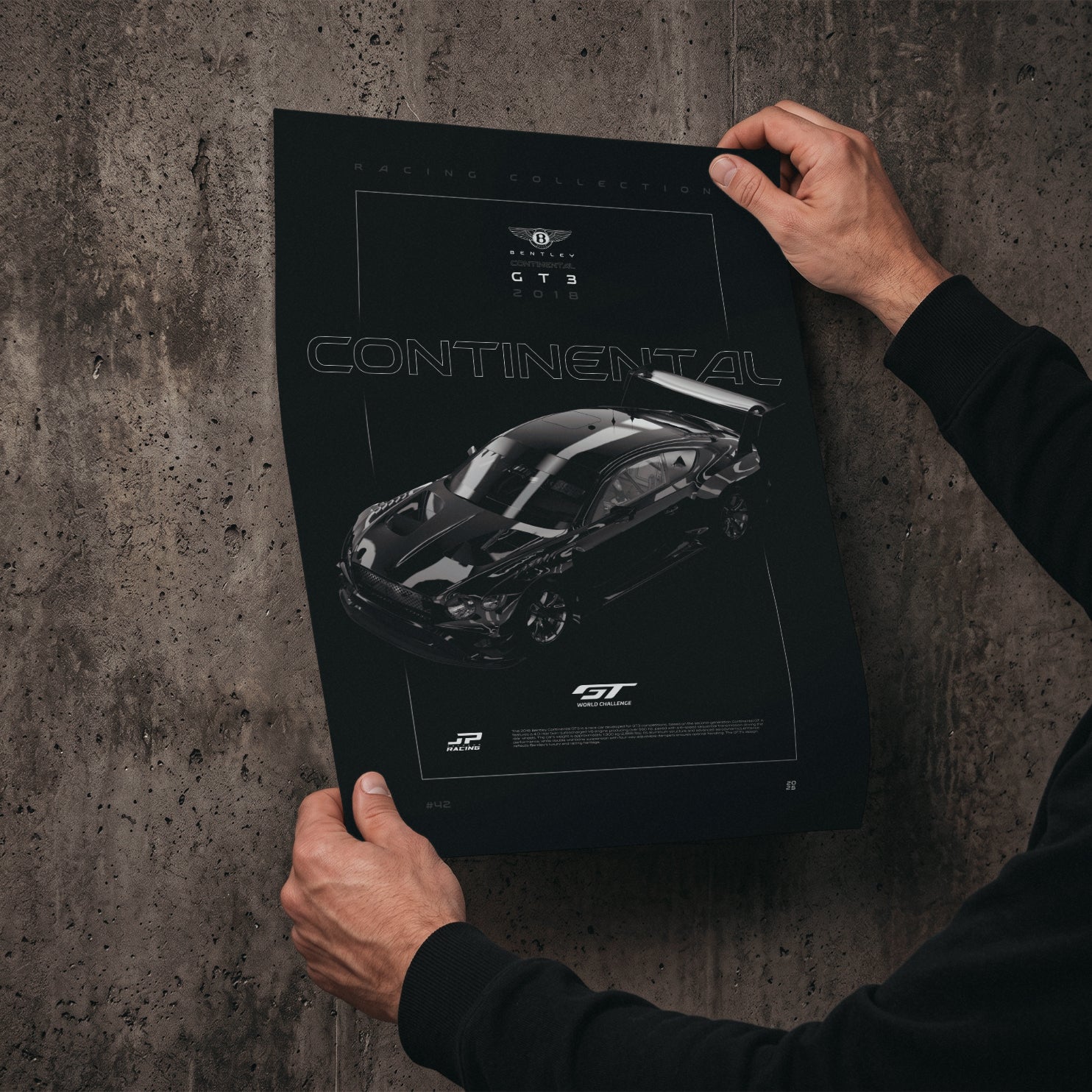Bentley Continental GT3 2018 poster print held in hands against a concrete wall