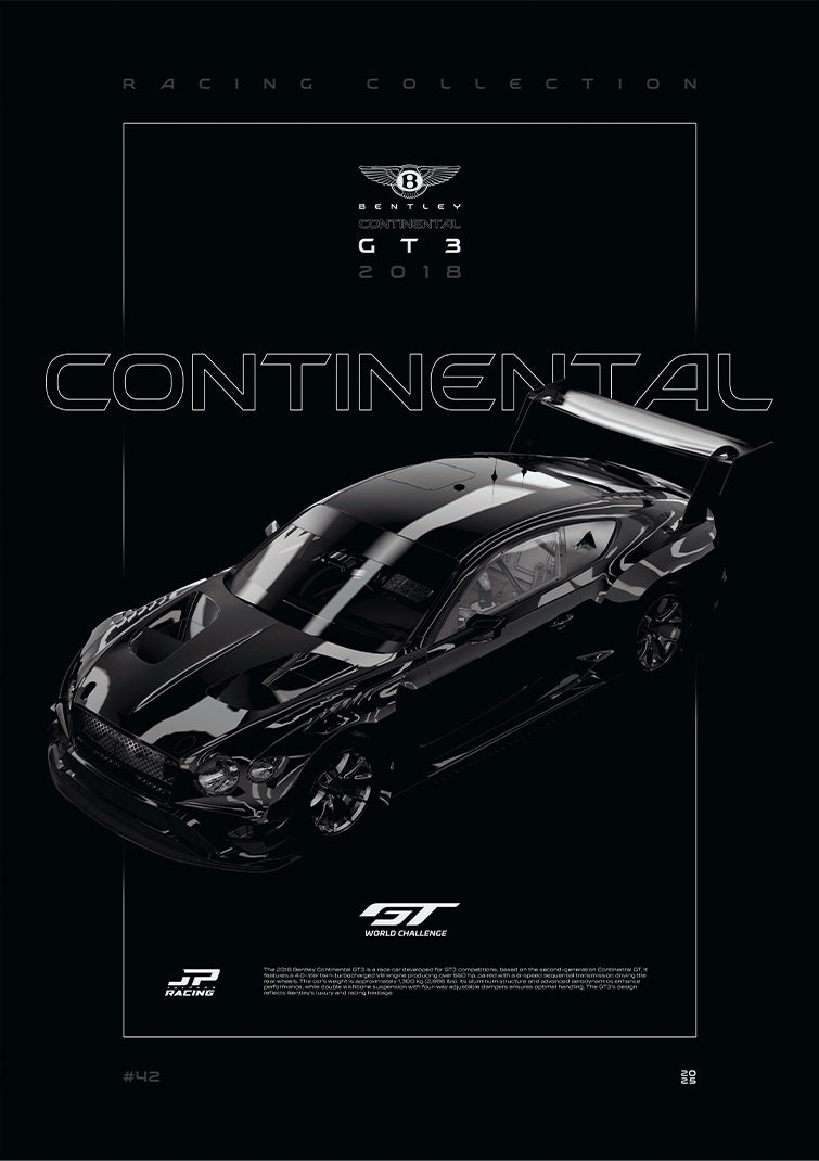 Bentley Continental GT3 2018 digital poster, minimalist black racing wall art by Jaypads Racing