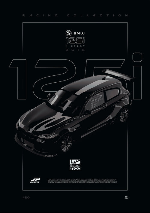 BMW 125i M Sport BTCC 2018 digital poster, minimalist black racing wall art by Jaypads Racing