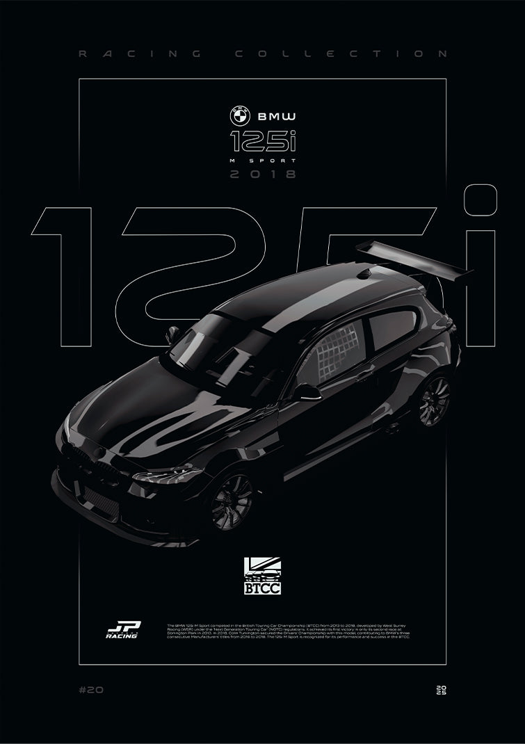 BMW 125i M Sport BTCC 2018 digital poster, minimalist black racing wall art by Jaypads Racing