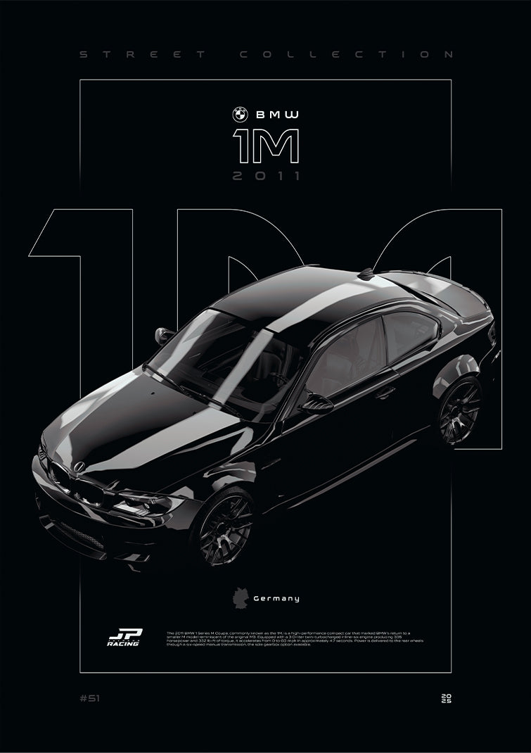 BMW 1M 2011 digital poster, minimalist black racing wall art by Jaypads Racing