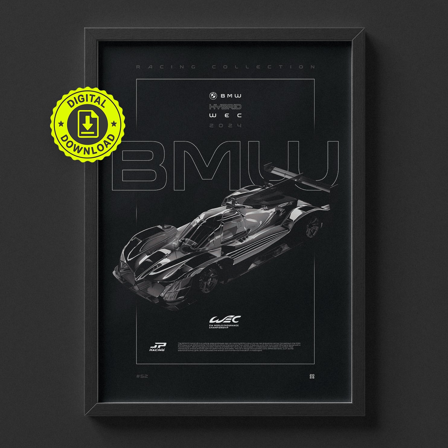 BMW M Hybrid V8 WEC 2024 poster framed on a wall, digital download