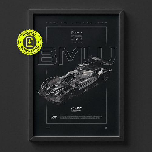 BMW M Hybrid V8 WEC 2024 poster framed on a wall, digital download