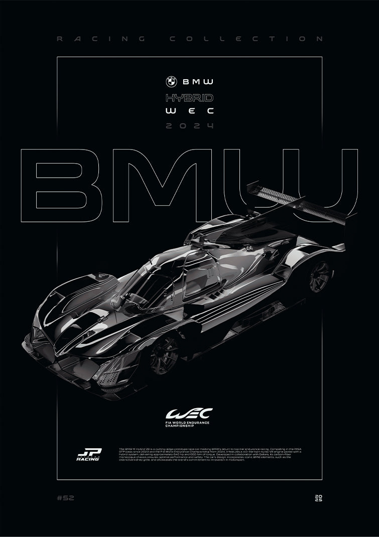 BMW M Hybrid V8 WEC 2024 digital poster, minimalist black racing wall art by Jaypads Racing