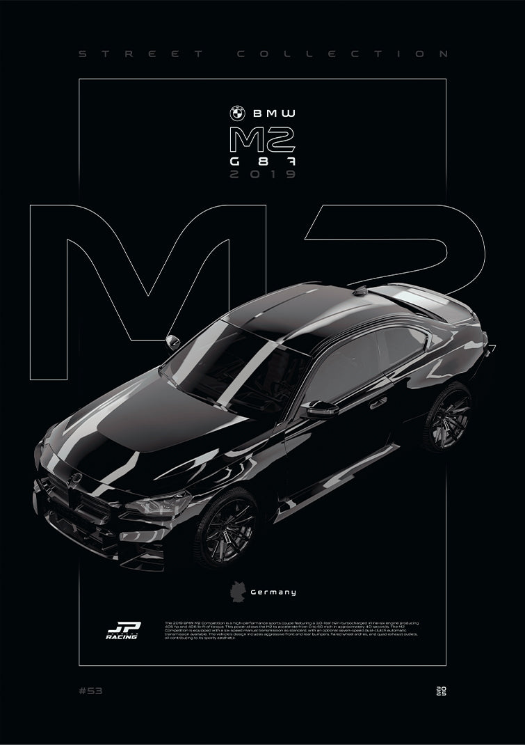 BMW M2 G87 2019 digital poster, minimalist black racing wall art by Jaypads Racing