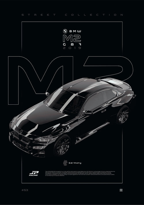 BMW M2 G87 2019 digital poster, minimalist black racing wall art by Jaypads Racing