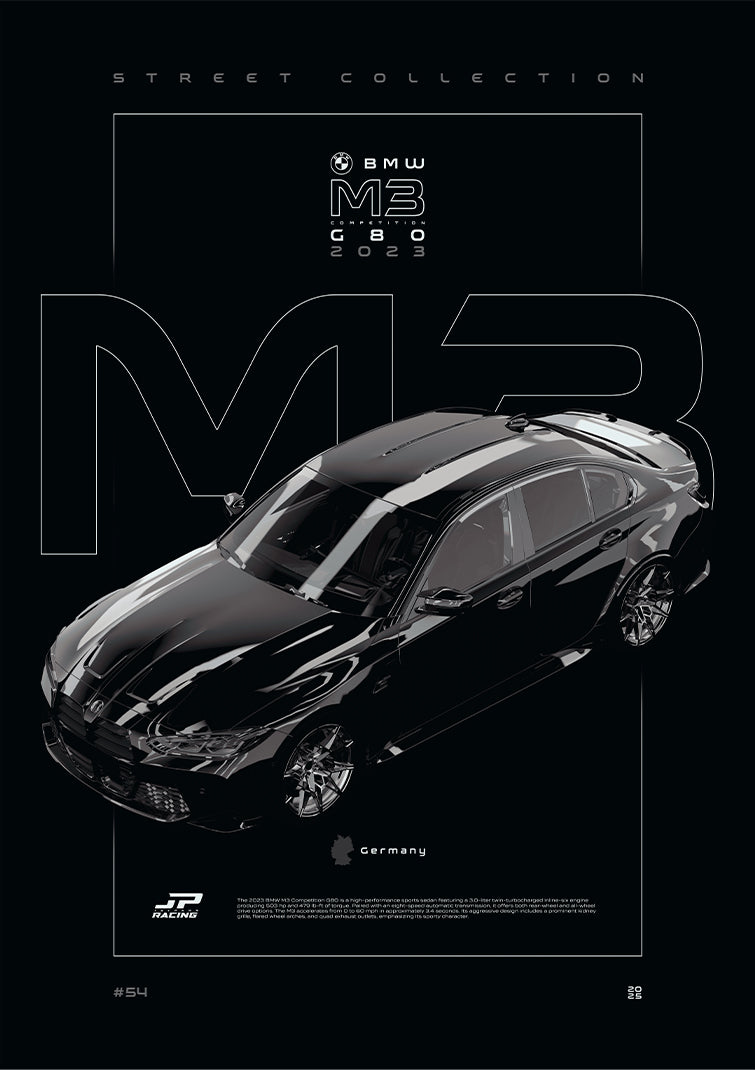 BMW M3 Competition G80 2023 digital poster, minimalist black racing wall art by Jaypads Racing