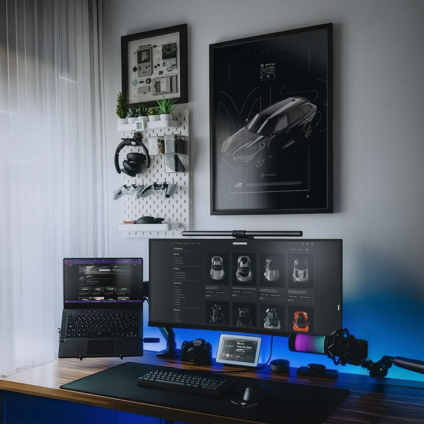 BMW M3 Competition Touring G81 2022 framed poster on a modern desk setup