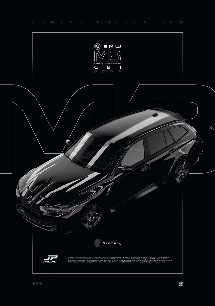 BMW M3 Competition Touring G81 2022 digital poster, minimalist black racing wall art by Jaypads Racing