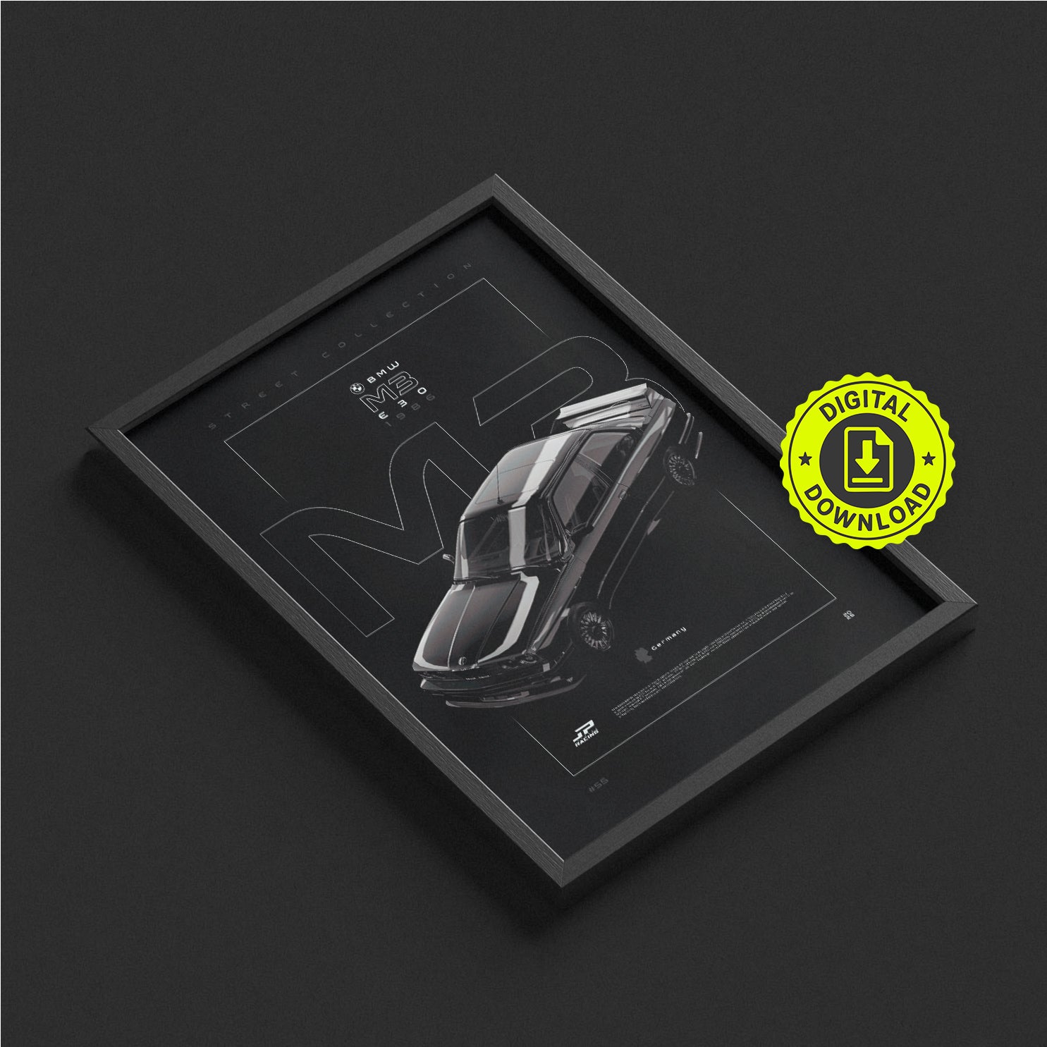 BMW M3 E30 1986 framed poster print in a styled interior