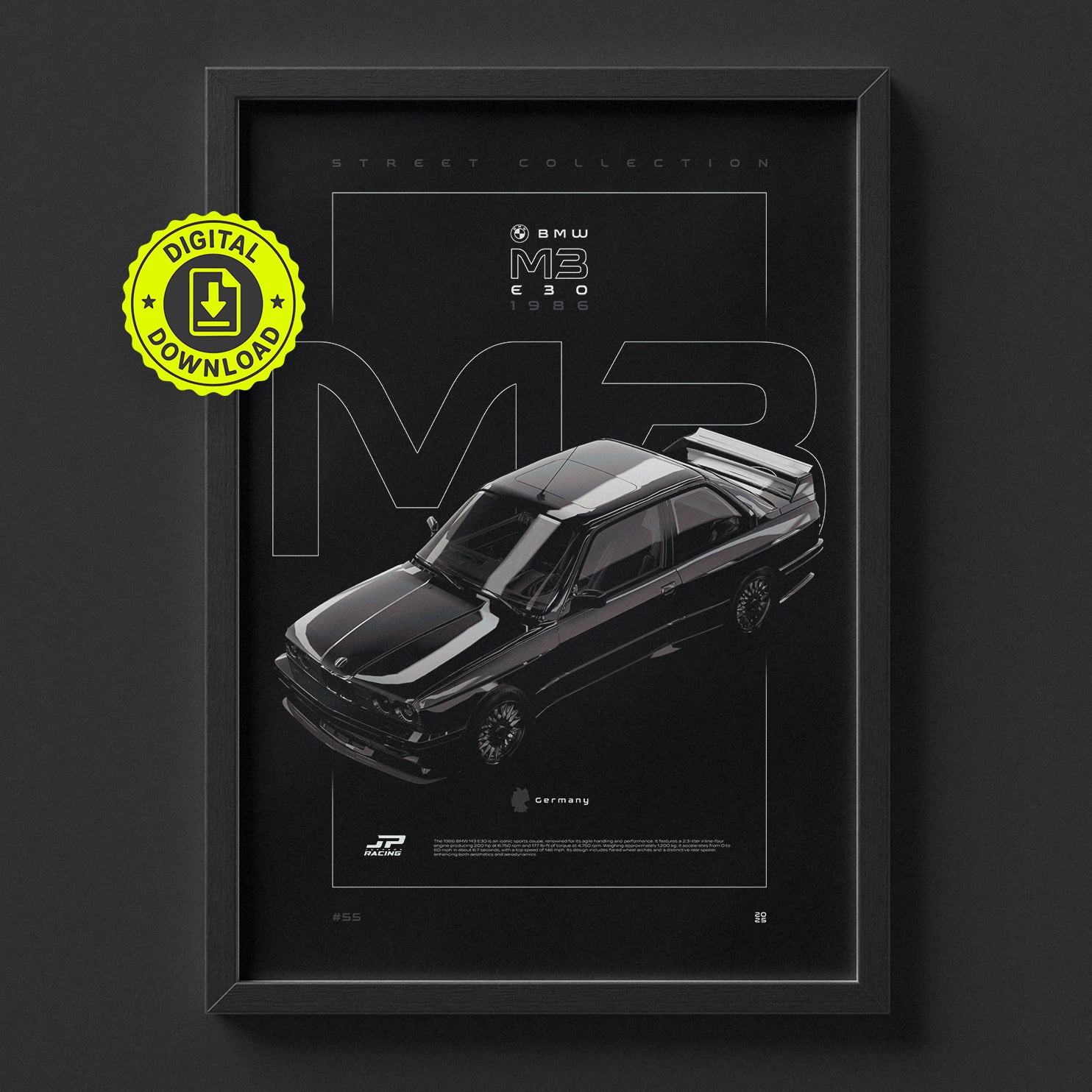 BMW M3 E30 1986 poster framed on a wall, digital download