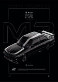 BMW M3 E30 1986 digital poster, minimalist black racing wall art by Jaypads Racing