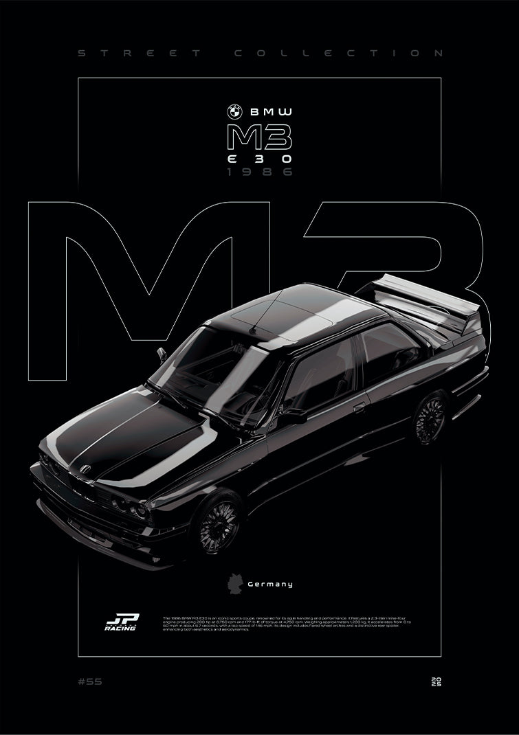 BMW M3 E30 1986 digital poster, minimalist black racing wall art by Jaypads Racing