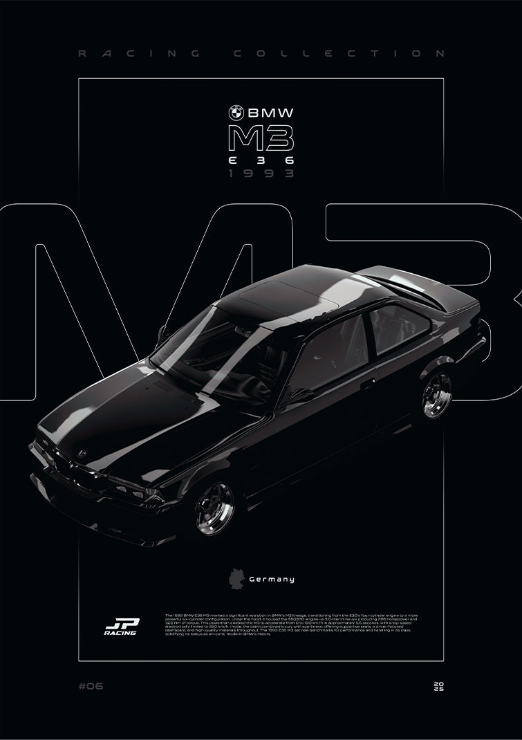 BMW M3 E36 1993 digital poster, minimalist black racing wall art by Jaypads Racing