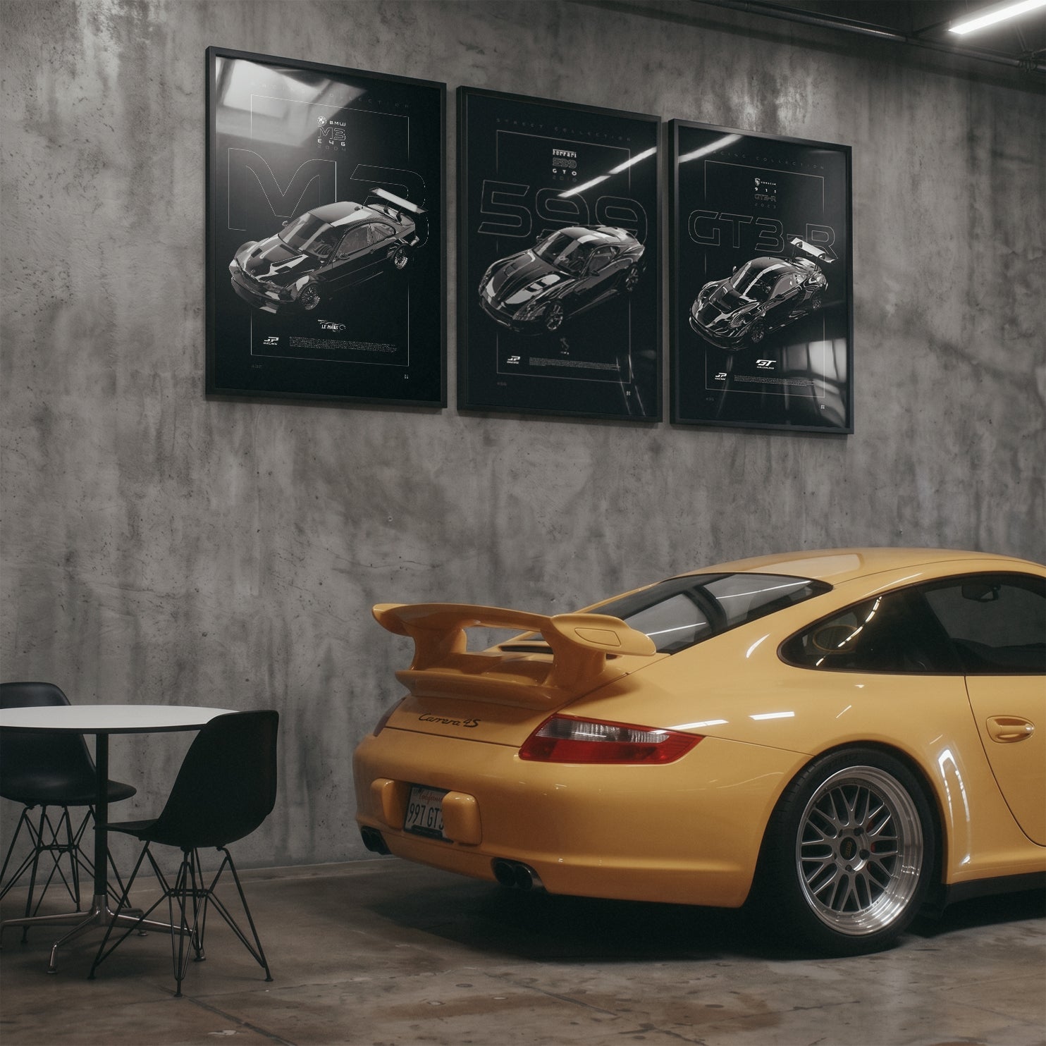 BMW M3 E46 GTR 2004 framed poster displayed in a garage